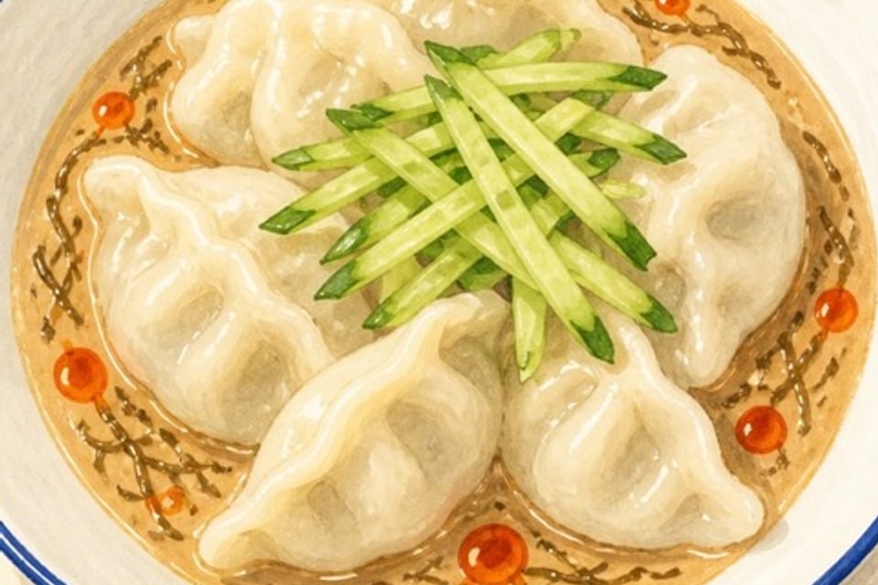 もずく酢ピーナッツだれの水餃子の完成を予想したAIイラスト