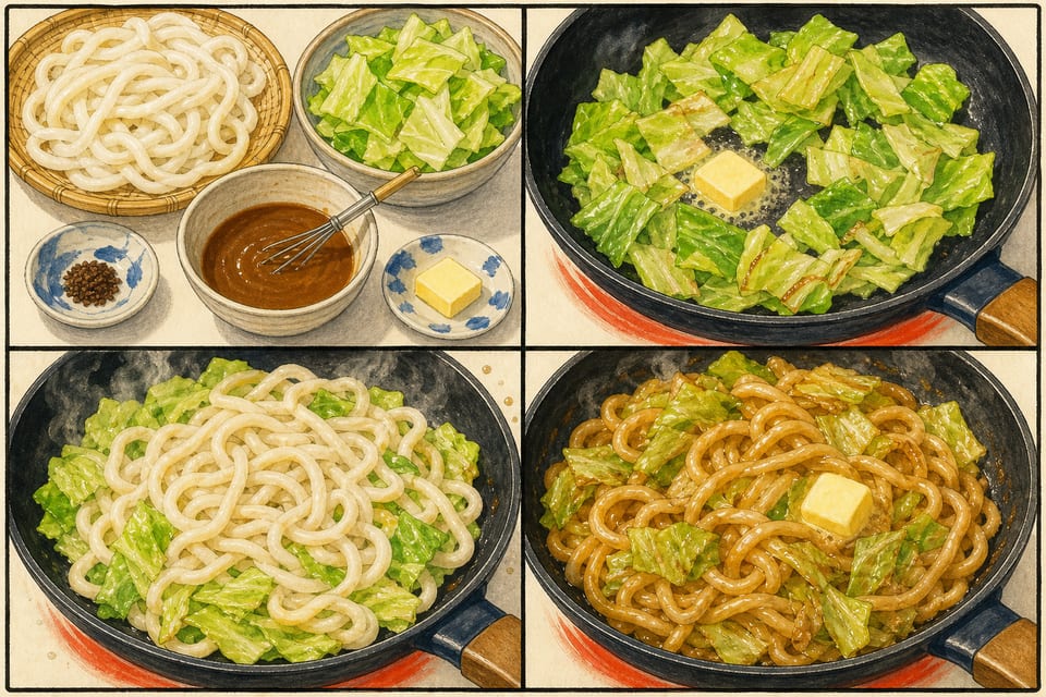 麺と調味料の準備、キャベツを炒める、うどんを加える、味噌だれとバターを絡める4工程のAI手順イラスト