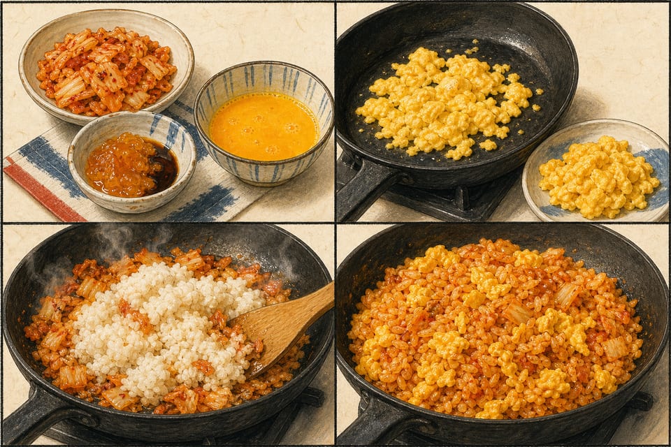 材料を準備する、卵を炒める、キムチとごはんを炒める、調味料と卵を戻す4工程のAI手順イラスト