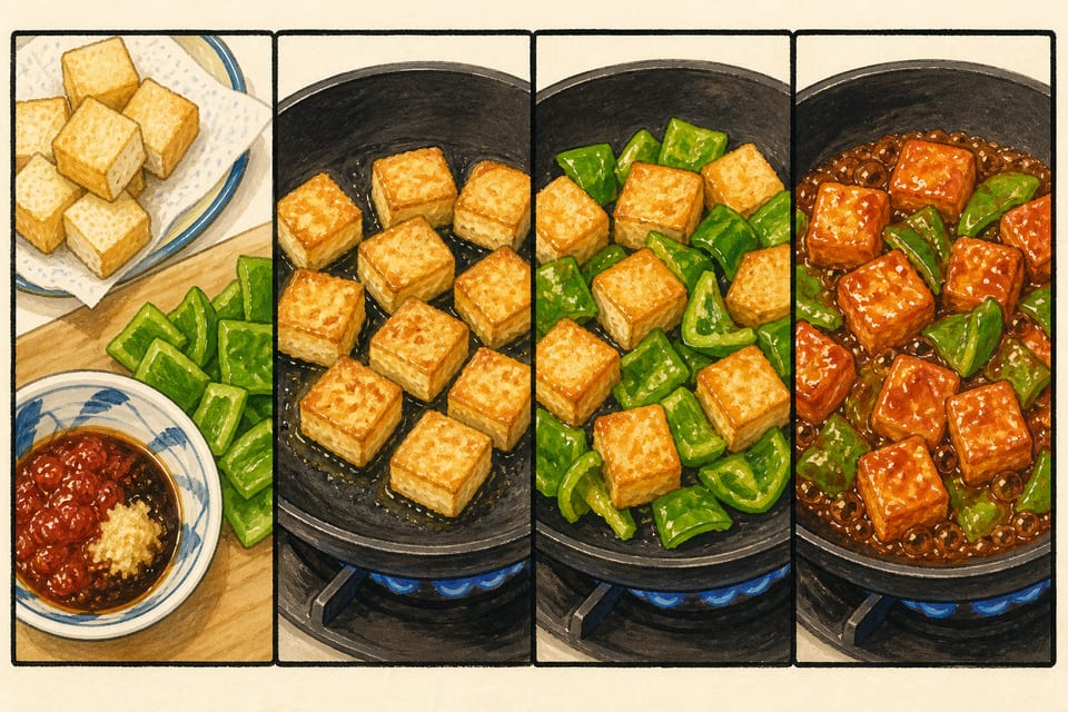 材料とたれの準備、厚揚げを焼く、ピーマンを加える、たれを絡める4工程のAI手順イラスト
